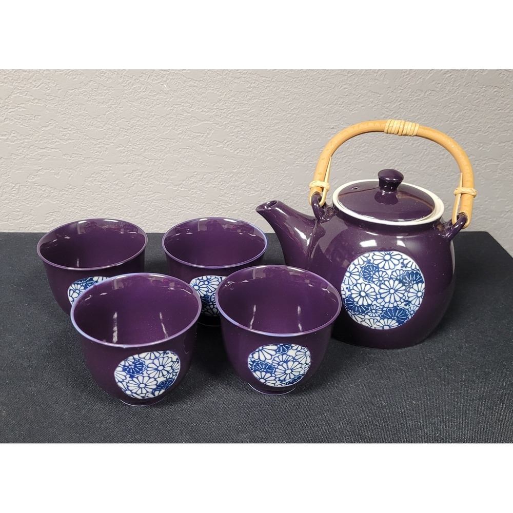 Vintage Teavana "Kaleidoscope" Stoneware Plum Tea Set - 5-Piece Set Tea Pot Cups